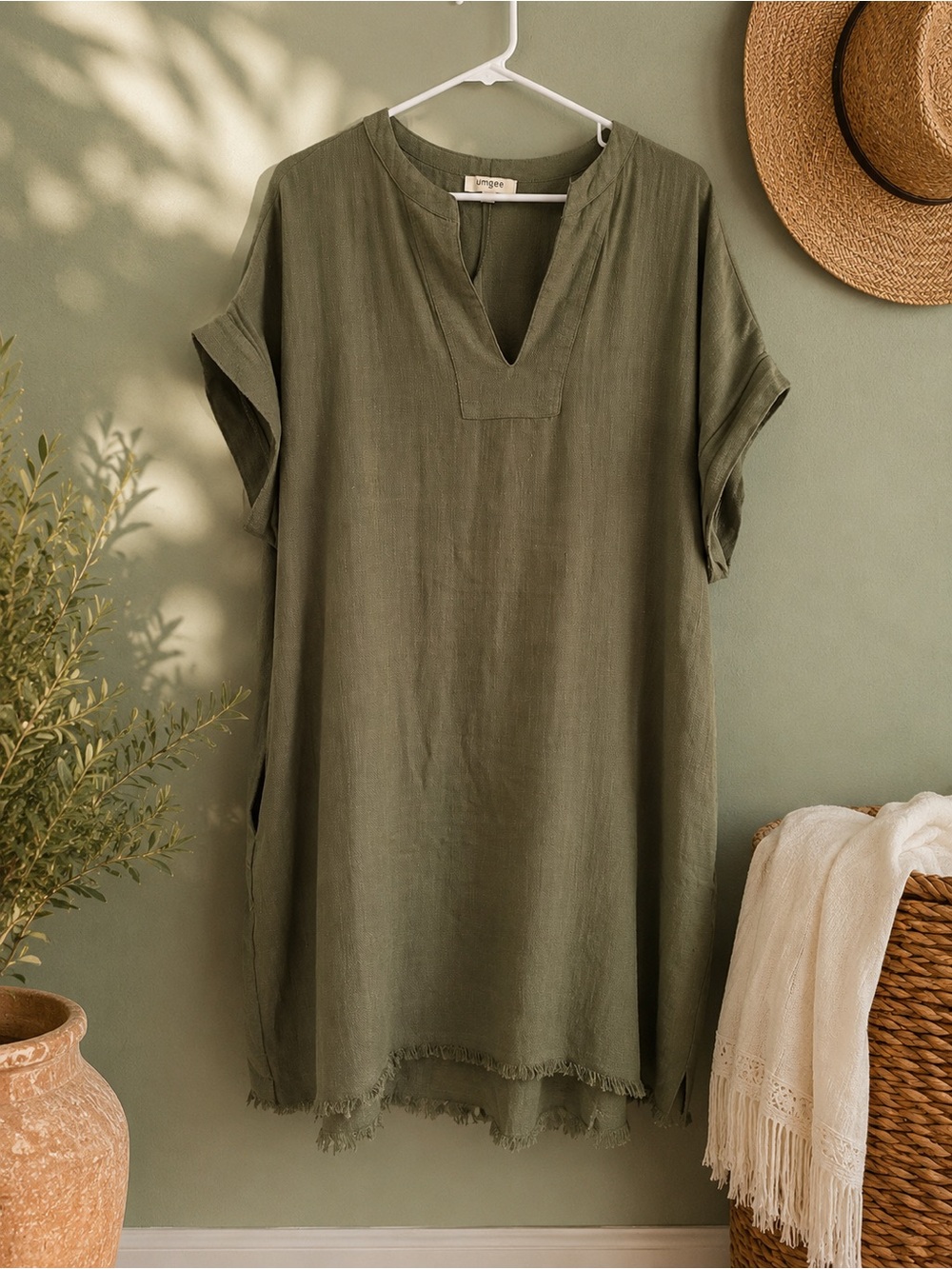 Umgee | Olive Linen Blend V-Neck Tunic Top | Green Boho Minimalist Capsule